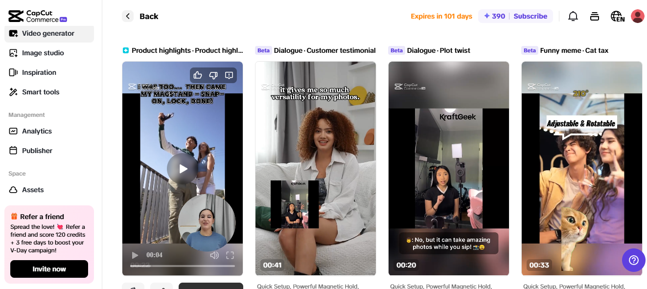 Pippit interface displaying AI tools for growth with product videos, testimonials, and creative templates.